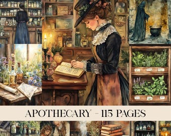 May include: An illustration of an apothecary shop with shelves of bottles and jars. A woman in a black dress and apron writes at a desk. The text "APOTHECARY - 115 PAGES" is at the bottom of the image.