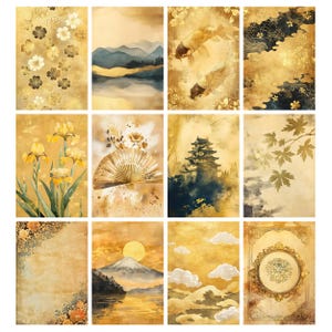 May include: A collection of twelve rectangular art prints with a vintage aesthetic. The prints feature various Japanese-inspired designs in shades of gold, brown, and blue. The designs include floral patterns, landscapes, koi fish, and traditional Japanese architecture.