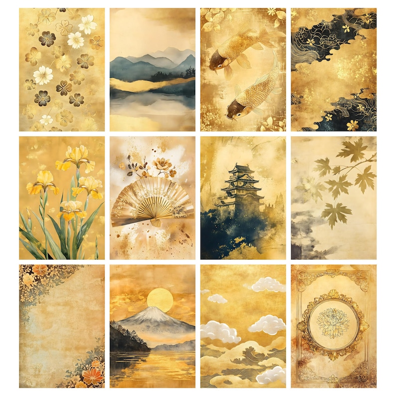 May include: A collection of twelve rectangular art prints with a vintage aesthetic. The prints feature various Japanese-inspired designs in shades of gold, brown, and blue. The designs include floral patterns, landscapes, koi fish, and traditional Japanese architecture.