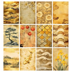 May include: A collection of twelve rectangular art prints featuring various Asian-inspired designs. The prints showcase a range of motifs, including stylized waves, floral patterns, a bonsai tree, red lanterns, and a golden koi fish. The color palette is dominated by gold, brown, and yellow hues.