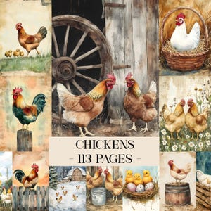 Könnte beinhalten: Aquarellillustrationen von Hühnern und Hähnen in verschiedenen Umgebungen. Ein Hahn steht auf einem Holzpfosten, während sich andere in einer Scheune befinden. Der Text "CHICKENS - 113 PAGES" wird in der Mitte des Bildes angezeigt.