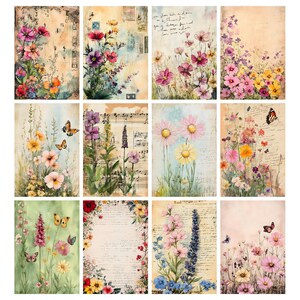May include: A collection of twelve floral art prints. Each print features watercolor illustrations of various flowers, butterflies, and handwritten script on a vintage paper background. The color palette includes pinks, yellows, purples, and greens, with a faded, antique aesthetic.