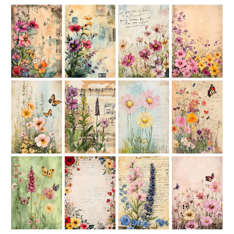 May include: A collection of twelve floral art prints. Each print features watercolor illustrations of various flowers, butterflies, and handwritten script on a vintage paper background. The color palette includes pinks, yellows, purples, and greens, with a faded, antique aesthetic.