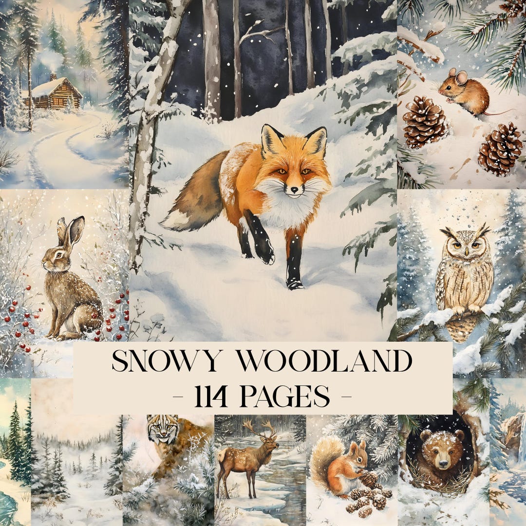 Watercolor Forest Junk Journal Printable Pages, Winter Woodland Animals ...