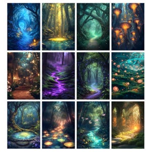 May include: A collection of twelve fantasy art prints depicting enchanting forest scenes. Each print showcases a unique perspective, with vibrant colors and ethereal lighting. The scenes include glowing mushrooms, winding paths, and mystical streams.