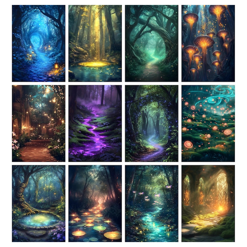 May include: A collection of twelve fantasy art prints depicting enchanting forest scenes. Each print showcases a unique perspective, with vibrant colors and ethereal lighting. The scenes include glowing mushrooms, winding paths, and mystical streams.