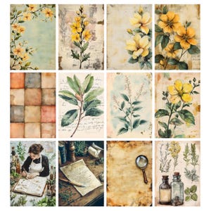 May include: A collection of twelve botanical and vintage-style art prints. The prints feature watercolor illustrations of flowers, plants, and herbs in shades of yellow, green, and brown. Some prints include handwritten text and aged paper textures.