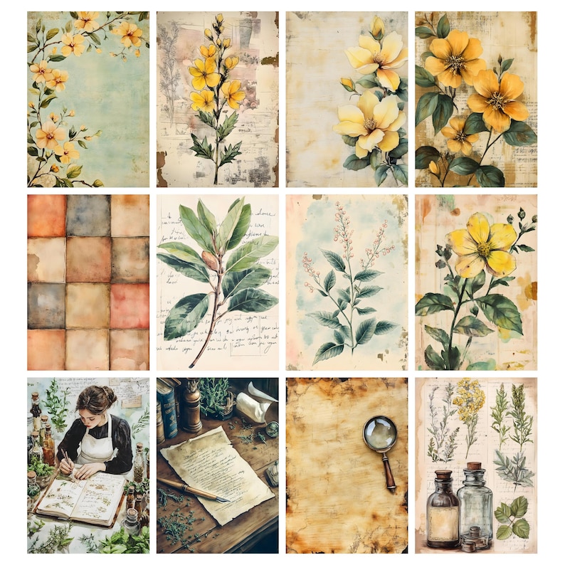 May include: A collection of twelve botanical and vintage-style art prints. The prints feature watercolor illustrations of flowers, plants, and herbs in shades of yellow, green, and brown. Some prints include handwritten text and aged paper textures.