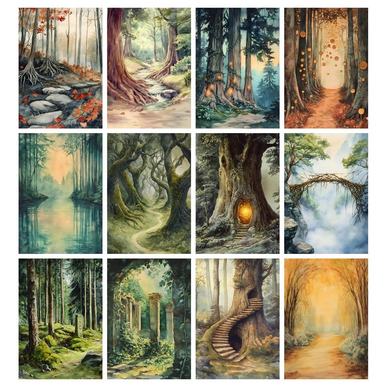 May include: A collection of twelve watercolor paintings depicting various forest scenes. Each painting showcases a different perspective, featuring winding paths, flowing rivers, and towering trees with intricate details. The color palette includes greens, browns, and hints of orange.