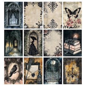 May include: A collection of gothic-themed art prints featuring watercolor illustrations. The prints showcase a variety of dark and romantic imagery, including a gothic window, a mysterious figure with an umbrella, and a raven in a decorative frame. The color palette is primarily dark with accents of sepia and pink.