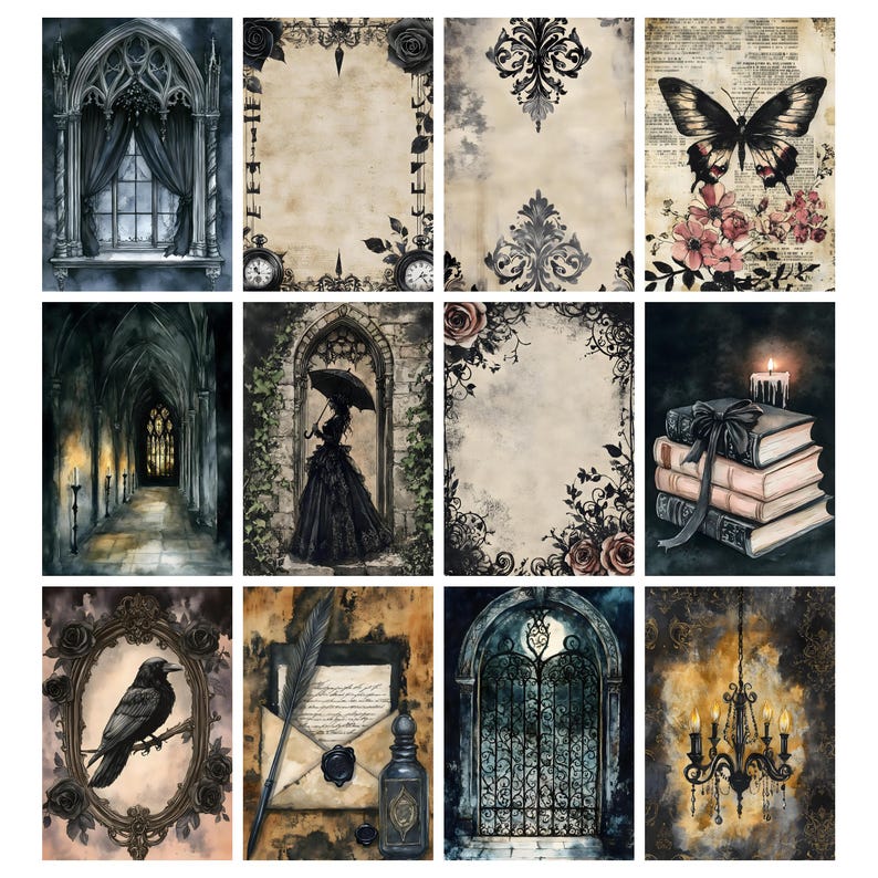 May include: A collection of gothic-themed art prints featuring watercolor illustrations. The prints showcase a variety of dark and romantic imagery, including a gothic window, a mysterious figure with an umbrella, and a raven in a decorative frame. The color palette is primarily dark with accents of sepia and pink.
