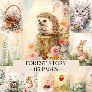 Páginas imprimibles para diario creativo "Historia del bosque", kit de diario creativo "Bosque en acuarela", papeles para álbumes de recortes, hoja de collage digital, efímeros vintage