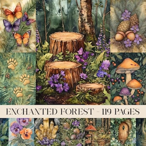 Páginas de diário de lixo da Floresta Encantada, Folha de colagem para impressão, Papel para scrapbook digital, Floresta escura, Objetos antigos, Diário de lixo mágico