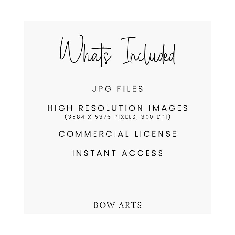 May include: White background with black text that reads "Whats Included", followed by "JPG FILES", "HIGH RESOLUTION IMAGES (3584 X 5376 PIXELS, 300 DPI)", "COMMERCIAL LICENSE", and "INSTANT ACCESS". The text "BOW ARTS" is at the bottom.