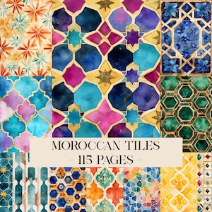 May include: A digital collection of Moroccan tiles featuring 115 pages of diverse geometric patterns in watercolor textures, including blue, green, orange, yellow, and magenta hues, with the text MOROCCAN TILES - 115 PAGES - centered on the image.
