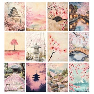 May include: A collection of twelve watercolor paintings depicting Japanese landscapes. Each painting features cherry blossoms, temples, pagodas, bridges, and mountains in shades of pink, purple, and green. The artwork evokes a sense of tranquility and beauty.