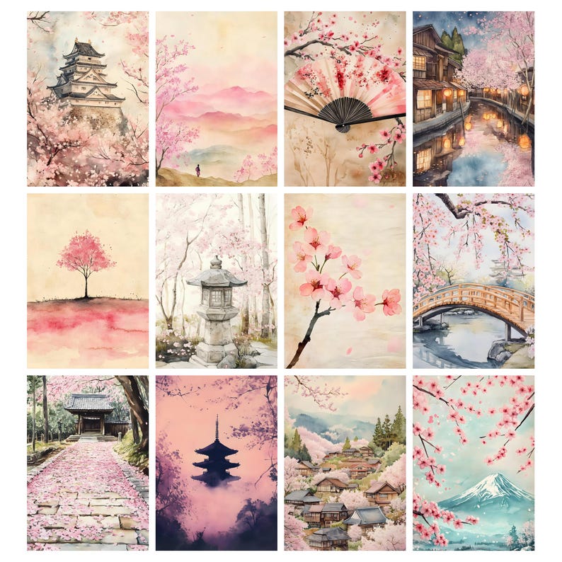 May include: A collection of twelve watercolor paintings depicting Japanese landscapes. Each painting features cherry blossoms, temples, pagodas, bridges, and mountains in shades of pink, purple, and green. The artwork evokes a sense of tranquility and beauty.