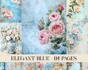 Elegante blauwe pagina's ongewenste dagboeken, kit voor ongewenste dagboeken, scrapbooking, afdrukbare pagina's, digitaal collageblad, vintage papier, digitaal dagboek