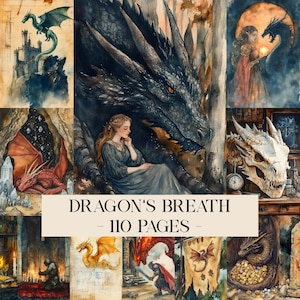 Puede incluir: Una colección de ilustraciones en acuarela con dragones, castillos y escenas de fantasía. La imagen central muestra un gran dragón negro con una mujer. El texto "DRAGON'S BREATH - 110 PAGES" se muestra en una pancarta.