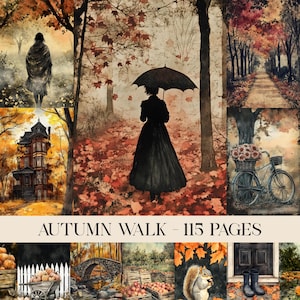 Pode incluir: Uma colagem de ilustrações em aquarela com tema outonal. As imagens incluem uma pessoa com guarda-chuva, um caminho ladeado por árvores, uma bicicleta com uma cesta de flores e uma casa. O texto "AUTUMN WALK - 115 PAGES" está presente.