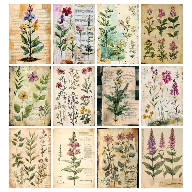 May include: A collection of botanical art prints featuring watercolor illustrations of various flowers and plants. The prints showcase detailed depictions of flora, with a vintage aesthetic. The color palette includes greens, purples, yellows, and pinks, set against aged paper backgrounds.