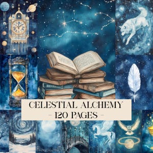May include: A watercolor illustration with a celestial theme. It features a stack of books, an hourglass, a clock, and a constellation design. The text "CELESTIAL ALCHEMY - 120 PAGES -" is displayed on a cream-colored banner.