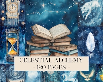 Puede incluir: Ilustración en acuarela con temática celestial. Presenta una pila de libros, un reloj de arena, un reloj y un diseño de constelación. El texto "CELESTIAL ALCHEMY - 120 PAGES -" se muestra en una pancarta crema.