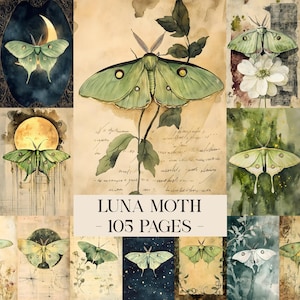 Luna Moth Junk Journal Pages, Nature Junk Journal Kit, Vintage Ephemera, Moth Digital Papers, Scrapbook Papers, Vintage Junk Journal Paper