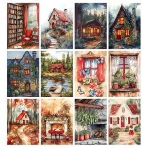 May include: A collection of watercolor paintings featuring cozy cottage scenes. Each painting depicts a different house or cabin, surrounded by nature, with warm lighting and inviting details. The artwork evokes a sense of comfort and tranquility.