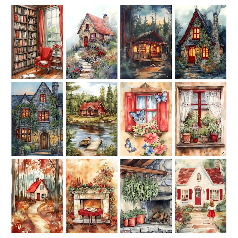 May include: A collection of watercolor paintings featuring cozy cottage scenes. Each painting depicts a different house or cabin, surrounded by nature, with warm lighting and inviting details. The artwork evokes a sense of comfort and tranquility.