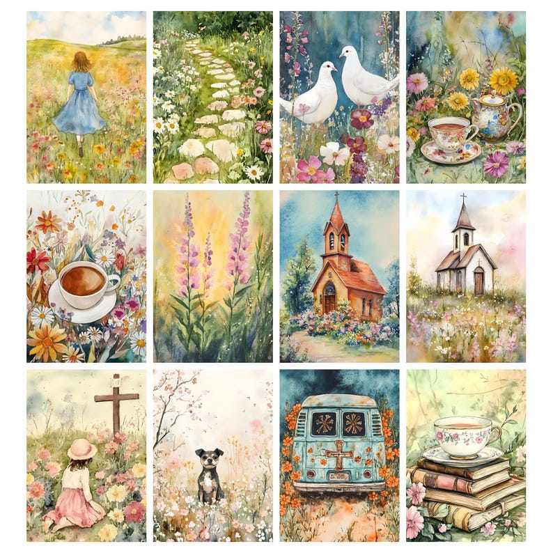 K&ouml;nnte beinhalten: Eine Sammlung von Aquarellmalereien mit ruhigen Szenen. Darstellungen umfassen eine Frau auf einem Feld, einen Steinweg, wei&szlig;e Tauben, Teetassen, eine Kaffeetasse, lila Blumen, Kirchen, ein Kreuz, einen Hund, einen Van und B&uuml;cher.