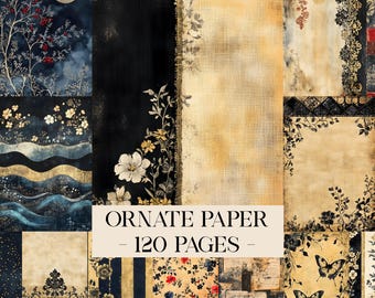 Ornate Black Gold Junk Journal Paper, Vintage Shabby Chic, Cottage, Antique Distressed Filler Pages, Digital Scrapbook Printable Decoupage