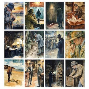 May include: A collection of watercolor paintings depicting scenes of mystery and investigation. The images feature figures in trench coats and fedora hats, with settings including a seaside pier, a dimly lit bar, and a library. The color palette is dominated by muted tones.