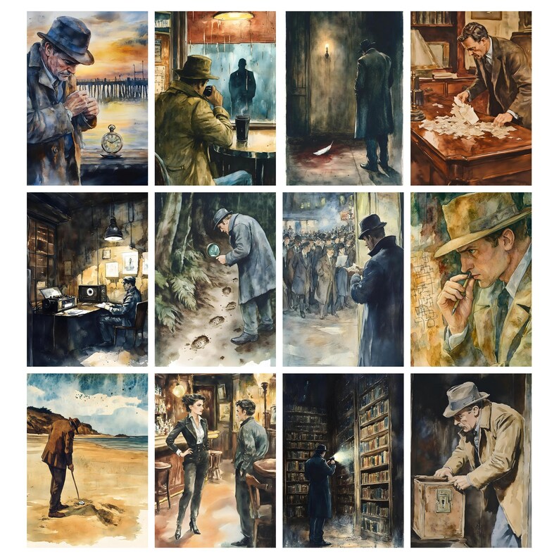 May include: A collection of watercolor paintings depicting scenes of mystery and investigation. The images feature figures in trench coats and fedora hats, with settings including a seaside pier, a dimly lit bar, and a library. The color palette is dominated by muted tones.