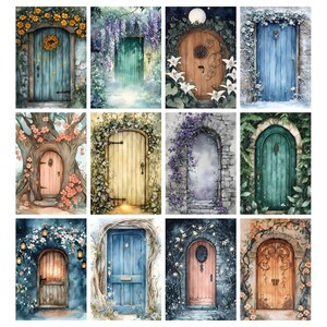 May include: A collection of watercolor paintings featuring whimsical doors. Each door is unique, with varying colors, floral accents, and architectural styles. Some doors are framed by flowers, vines, or trees, creating an enchanting, fairytale-like aesthetic.
