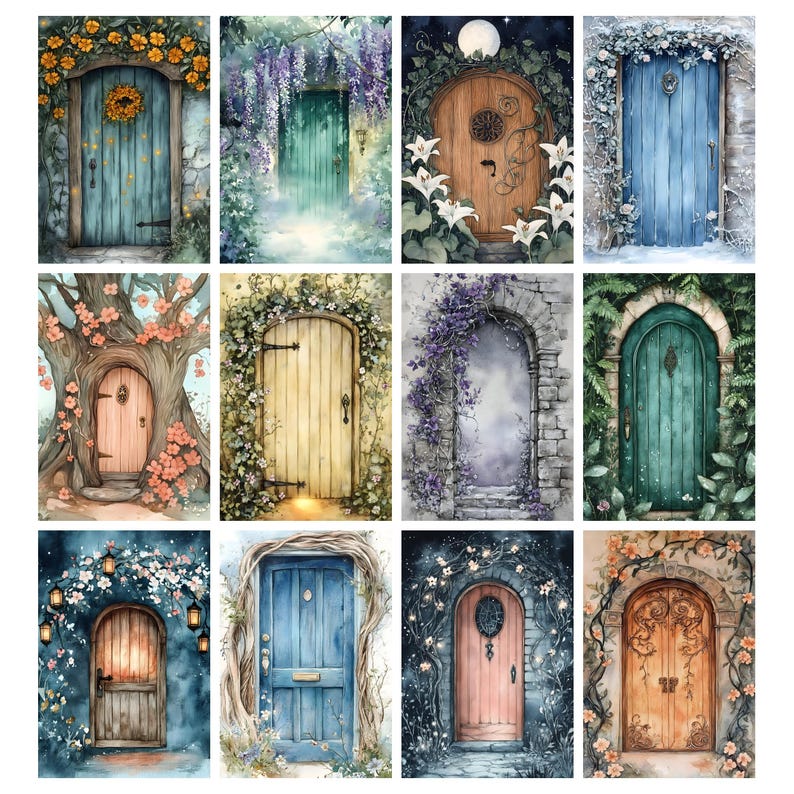 May include: A collection of watercolor paintings featuring whimsical doors. Each door is unique, with varying colors, floral accents, and architectural styles. Some doors are framed by flowers, vines, or trees, creating an enchanting, fairytale-like aesthetic.
