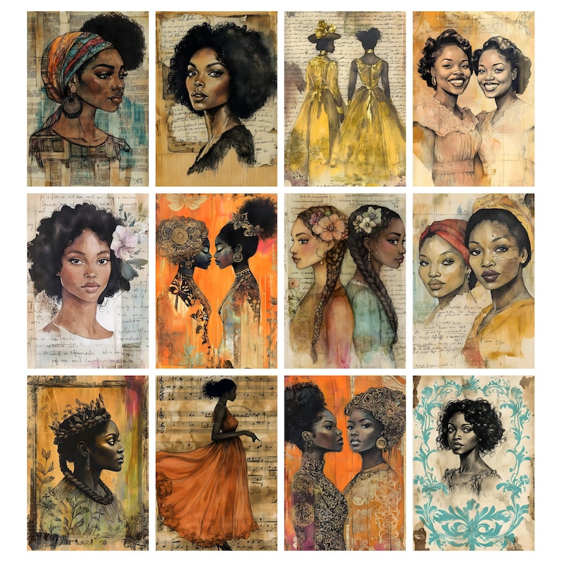 May include: A collection of twelve watercolor portraits of Black women. The portraits feature various hairstyles, clothing, and accessories, including head wraps, floral accents, and elegant gowns. The color palette includes warm tones of orange, yellow, and brown.