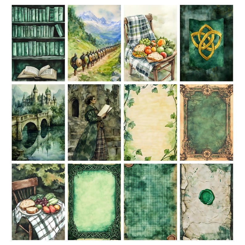 May include: A collection of watercolor illustrations with a fantasy theme. The images include a bookshelf, a mountain scene with soldiers, a still life with food, a castle, a woman reading, and decorative pages with borders and Celtic knots.