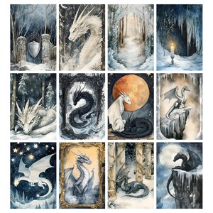 May include: A collection of watercolor paintings featuring dragons in various settings. The artwork showcases dragons in snowy landscapes, framed portraits, and under starry skies. The color palette includes blues, whites, and blacks.