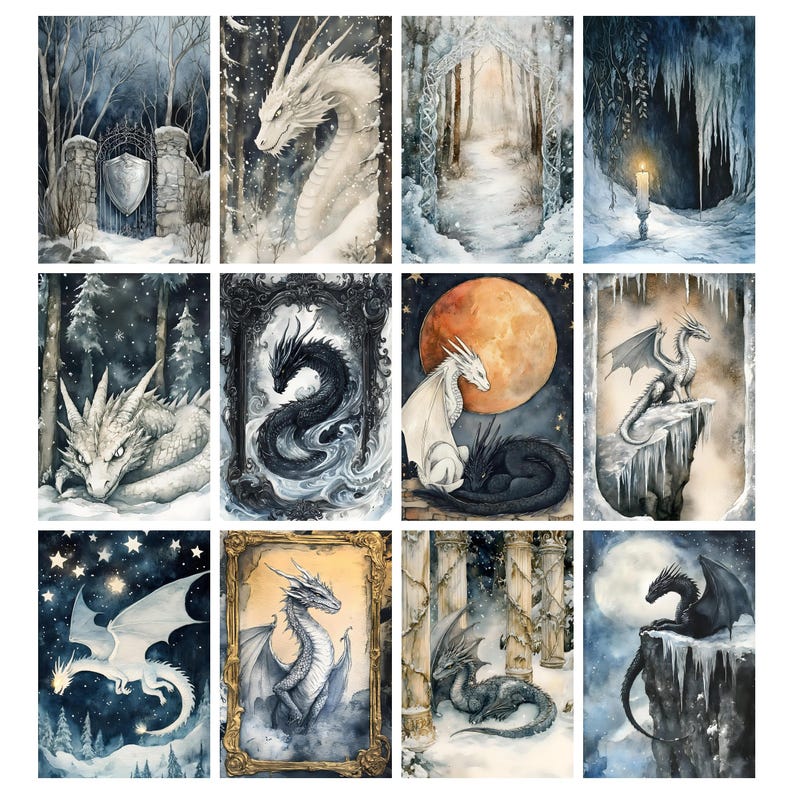 May include: A collection of watercolor paintings featuring dragons in various settings. The artwork showcases dragons in snowy landscapes, framed portraits, and under starry skies. The color palette includes blues, whites, and blacks.