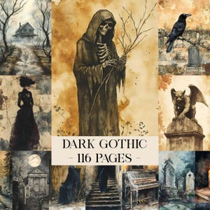 Può includere: Un collage di illustrazioni ad acquerello con un tema gotico oscuro. Le immagini includono uno scheletro incappucciato, un corvo su un ramo, un gargoyle, una donna in abito nero e una casa infestata. Il testo "DARK GOTHIC - 116 PAGES" è visualizzato.