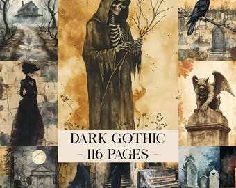 May include: A collage of watercolor illustrations with a dark gothic theme. Images include a cloaked skeleton, a raven on a branch, a gargoyle, a woman in a black dress, and a haunted house. The text "DARK GOTHIC - 116 PAGES" is displayed.