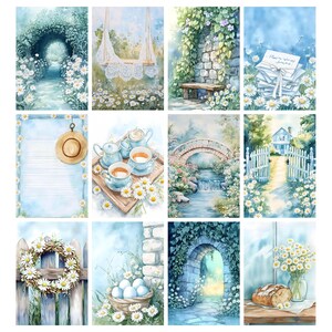 May include: A collection of watercolor illustrations featuring a serene garden theme. Scenes include a pathway, swing, stone wall with bench, stack of letters, blank paper with a hat, tea set, bridge over a stream, house with a white fence, wreath, basket of eggs, archway, and bread.