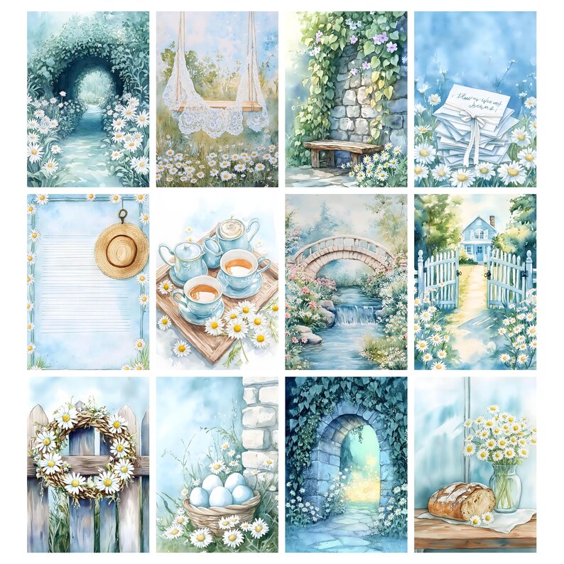 May include: A collection of watercolor illustrations featuring a serene garden theme. Scenes include a pathway, swing, stone wall with bench, stack of letters, blank paper with a hat, tea set, bridge over a stream, house with a white fence, wreath, basket of eggs, archway, and bread.