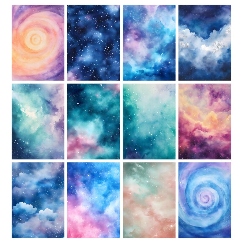 Painted Galaxy Digital Paper, Watercolor Starry Night Backgrounds ...