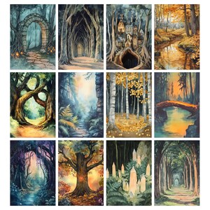 May include: A collection of twelve watercolor paintings depicting various forest scenes. Each painting showcases a different perspective, including archways, pathways, and bodies of water, all within a lush, natural environment. The color palette ranges from vibrant greens to warm autumn hues.