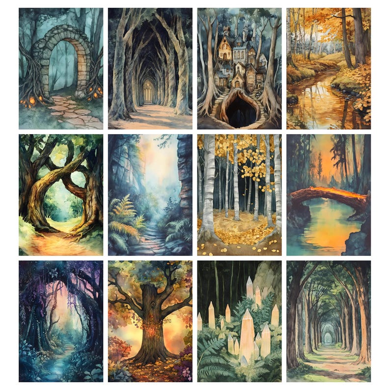 May include: A collection of twelve watercolor paintings depicting various forest scenes. Each painting showcases a different perspective, including archways, pathways, and bodies of water, all within a lush, natural environment. The color palette ranges from vibrant greens to warm autumn hues.