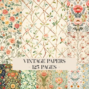 Op de afbeelding: Een verzameling vintage papieren met bloemen- en traliemotieven. De papieren bevatten rozen, chrysanten en andere botanische ontwerpen in zachte pastelkleuren. De tekst "VINTAGE PAPERS - 125 PAGES -" wordt weergegeven.