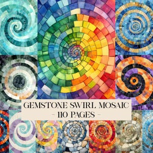 Gemstone Swirl Mosaic Pattern, Gemstone Pattern, Gemstone Tiles, Junk Journal Pages, Colorful Scrapbook Papers, Digital Papers, Ephemera
