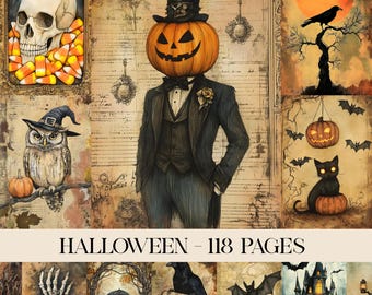 Halloween Junk Journal Pages, Spooky Gothic Printable, Digital Scrapbook Paper Kit, Vintage Ephemera, Pumpkin Collage Sheet, Grimoire